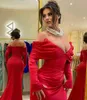 Elegant Red Mermaid Evening Dresses Off Shoulder Bodycon Prom Gown With Long Sleeve Side Split Pleated Formal Party Dress 415