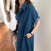 Casual Dresses Chic Korean Denim Dress Women Summer Short Sleeve Shirt Jeans Streetwear Pocket Elegant Mid-Calf Vestidos