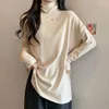 Pulls pour femmes col haut à manches longues T-shirt femmes automne hiver brossé ample intérieur T-shirt femme blanc décontracté grands hauts marron