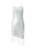 Casual Dresses FOMOYUU Frauen Shinny Pailletten Quasten Kleid Asymmetrisches ärmelloses Ballkleid Sexy Bodycon Stretchy Cocktail Hochzeit