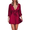 Casual Dresses Ladies Solid Color Deep V Tie 7 Point Sleeve Straight Dress Summer For Women Shirt With Belt Ruffle