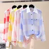 Kvinnor BLOUSES 2023 Spring Summer Chic Character Blue Long Sleeve Top Vintage Alfabet Print Shirt Cardigan SL32