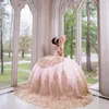 Różowy seksowna z ramion sukni balowa sukienki quinceanera vestidos de 15 anos złota aplikacja koronkowa tiulowy tiul sukienki urodzinowe