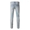 Jeans homme arrivées bleu clair en détresse Streetwear Stretch maigre strass Patch trous détruits rue haute mince