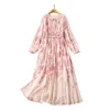 2023 Summer Pink Floral Print Ribbon Tie Bow Chiffon Dress Long Sleeve Round Neck Belted Long Maxi Casual Dresses A3Q191341 Plus Size XXL