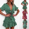 Casual Dresses Summer Beach Floral Dress Women French Print Boho Party Lady Bowknot Ruffles Wrap V-Neck Mini Robe Femme