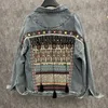 Damesjacks 2023 Herfst Street Fashion Zware industrie Beaded Panel Patch Borduursel Etnische stijl kwastjes denim jack