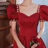 Party Dresses Wine Red Satin Evening Dress Vintage Pearls Beading Puff Sleeve Long Banquet Gowns Female Classic Formal