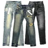 Jeans Roxo Designer Marca Jeans Rasgados Homens Bordados Quilting para Tendências Calças Vintage Dobradas Slim Skinny Moda Sstraight Pants SLZ7