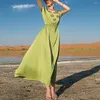 Ethnic Clothing Avocado Green Huaer Satin Sleeveless Hand-Stitched Drill Short-Sleeved Celebrity Style Retro Dress Abaya