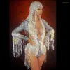 Sahne Giyim Gümüş Sequins Pubsel Rhinestones Bodysuit Performans Kadınlar Gece Kulübü Elastik Tayt Saren Tekerlekli Latin Dans Costu248v