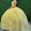 Luksusowe żółte błyszczące sukienki Quinceanera Frezowanie Księżniczka Suknia balowa 15 -letnia dziewczyny 3DFLower Aplikacje Vestidos de 15 anos