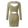 Casual Dresses Women Square Collar Long Sleeve Dress Open Back Sexy Skinny Knitted Autumn Office Lady All-Match Simple