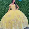 Luksusowe żółte błyszczące sukienki Quinceanera Frezowanie Księżniczka Suknia balowa 15 -letnia dziewczyny 3DFLower Aplikacje Vestidos de 15 anos