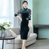 Etniska kläder Green Qipao Velvet cheongsam klänning midi eleganta kinesiska klänningar spets ärmslängd qi pao traditionell ff22362472