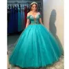 Vestido de fiesta de princesa turquesa, vestidos de quinceañera con sobrefalda, hombros descubiertos, cuentas de cristal, vestidos largos formales de fiesta de noche para Swe203m