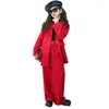 Giyim Setleri Kızlar İçin Takım Elbise Kırmızı Gevşek Sıradan Blazer Geniş Bacak Pantolon 2 PCS Genç Çocuk Kıyafetleri 12 13 14 Genen Giysileri Set Çocuk Kostüm