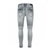 Jeans pour hommes 23 arrivées mode Streetwear bleu en cuir blanc en détresse Patchwork Slim Denim pantalon pour hommes pantalons