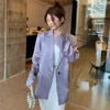 Kvinnors kostymer högkvalitativ grå-lila kostym Jacka Kvinnor Single Button Notch Collar Casual Spring Autumn Loose Female Short Blazers Coat