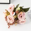 Dekorativa blommor Silksimulering Golden Rose Bouquet Restaurant Decor Artificial Flower Pink Roses Green Plant Wedding Decoration Floral