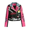 Kvinnorjackor Autumn Fashion Punk Style Pink Leather Jacket Women Slim Rivet Motorcykeljacka Graffiti Mönster 230728