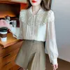 Dames Blouses Casual Effen Kleur Vlinder Boog Gevoel Voor Design Blouse Dames Lange mouw V-kraag All-Match Geplooid Chiffon Shirt 2023 A435