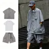 Men's Tracksuits Japanese Functional Tooling Set Men Quick Dry Short-sleeve Shirt Shorts Suit Summer Loose Retro Solid Multi-pocket Man