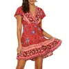 Vestidos Casuais Verão Curto Boho Vestido Decote em V Floral Boêmio Praia Elegante Temperamento Simples Moda Europeu Para Convidados De Casamentos