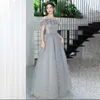 Robes de soirée mode robe de soirée manches courtes longueur de plancher simple à lacets Tulle A-ligne gris grande taille femme robes formelles XC066
