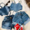 Conjuntos de roupas FOCUSNORM dia dos namorados criança menina roupas de verão 2 pçs estampa de pontos coração denim camisola jeans rasgado shorts 230728