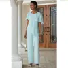 Chiffon Mother Of The Bride Pants Suits Tiered Cape Sleeves Simple Wedding Guest Gowns Two Pieces Groom Mom Formal Wear Light Sky Blue Vestido