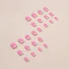 Unhas postiças 24 pçs Kits de unhas de acrílico rosa Conjunto falso Pressione em quadrado curto com desenhos de linha prateada Adesivos de cobertura completa