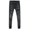 Jeans pour hommes High Street Fashion Hommes Rétro Noir Gris Stretch Peint Maigre Déchiré Patché Designer Hip Hop Pantalon Hombre