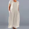 Robes Décontractées Elégant Robe Pull Coton Lin Col Ras Du Cou Femme Ample Longue Durée Soirée Pour