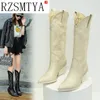 Boots Women High Heels Wedges Long Riding Boots Winter Knee High Boots Designer Beige Heels Western Cowboy Boots A162 230729