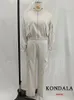 Kvinnors tvåbitar byxor Kondala Casual Satin Women Beige Suits Fashion 2023 Summer Zipper Bomber Jackets High midje breda benkläderuppsättningar