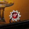 European and American S925 Sterling Silver High Carbon Diamond Flower Ruby Ring Light Luxury Female High-end Wedding Jewelry