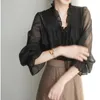 Casual Jurken Dames Kleding Shirt Zwart V-hals Verstoorde Lace Up Lantaarn Mouw Lange Mouwen 2023 Lente Zomer Modieuze Top