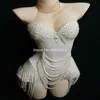 Stage Wear White Pearls Beading Bodysuit Jazz Dance Costume Evening Nightclub Bar Show Prom Birthday Outfit Women Singer ClothesSt292V