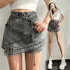 Skirts Smoky ash irregular patchwork denim short skirt women's high waist appears thin anti-light and versatile elastic skirt pants 230728