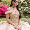 Светло -шампанское сладкое 16 Quinceanera Dress с плечевых аппликаций с блестками хрустальные цветы