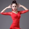 Stage Wear Zwart Rood Diepe V Halve Mouwen Vrouwen Kant Latin Dance Tops Stijldansen Kostuum Doek Tango Chacha Prestaties