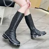 Womens Knee Boots Designer Calfskin Classic Hardware Matelasse Lace-Up Knight Rainboots Motorcycle Fashion Snow Boot Retro Black With Zippers 23ss F/W Casual Shoe