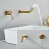 Krany zlewu łazienkowego nowoczesne złoto złoty kran mosiężny pojedynczy dźwignia na ścianę na ścianie osadzona zimna mikser kran