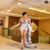 Silver Sequined Mermaid African Evening Dresses 2021 Sexy See Thru Full Sleeves Lace Gowns Ruffles Split Dress251h