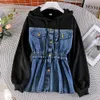 Women's Hoodies Sweatshirts Korean student Harajuku style hooded stitching denim female fake two longsleeved waist coat 230728