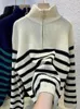 Kvinnors tröjor damer tröja Lossa avslappnad blixtlås stickad Turtleneck Stripe Korean Fashion Autumn Winter for Women 2023