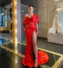 Elegant Red Mermaid Prom Dresses Off Shoulder Split Evening Dress Pleats Formal Long Special Occasion Party dress