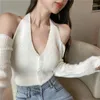 Frauen Blusen 2023 Frühling Herbst Sexy Halter Stricken Top Pullover INS Koreanische Frauen Kleidung Langarm Einreiher Party Kleidung