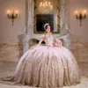 Różowy seksowna z ramion sukni balowa sukienki quinceanera vestidos de 15 anos złota aplikacja koronkowa tiulowy tiul sukienki urodzinowe